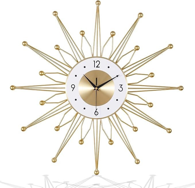 Large 56cm Sunburst Wall Clock Gold Mid Century Silent Metal Starburst Decor