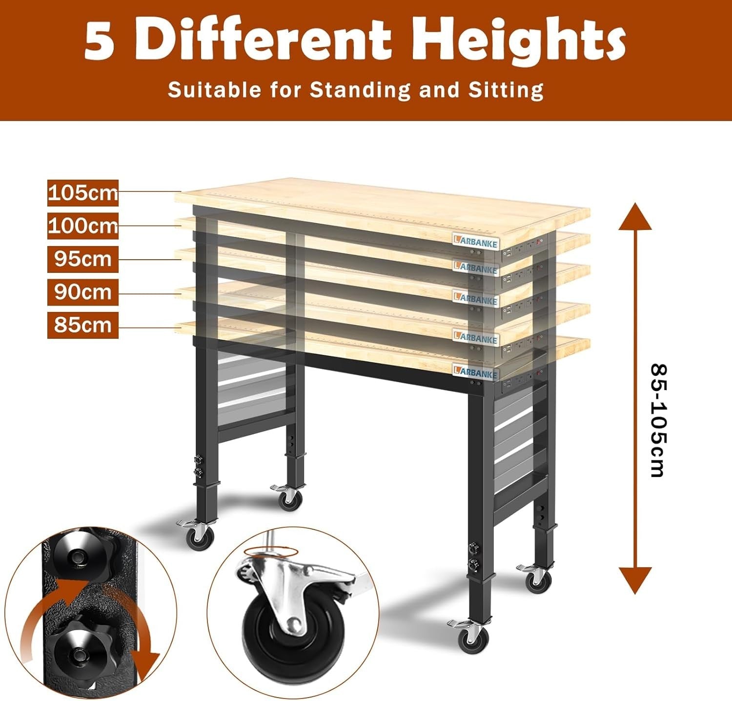 Adjustable Workbench 120cm Heavy Duty 900kg Load with Wheels Power Outlet