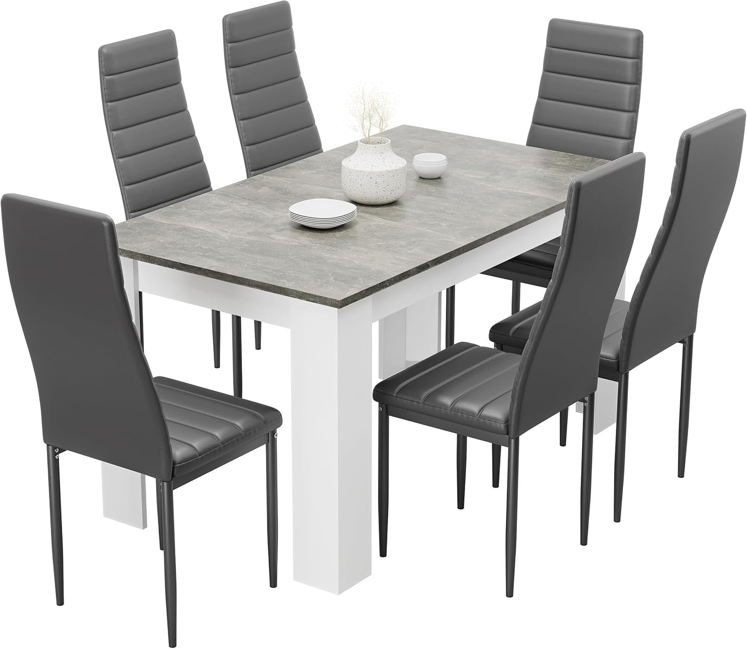 Grey Marble Dining Table Set 6 PU Leather Chairs Modern Kitchen 140cm