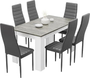 Grey Marble Dining Table Set 6 PU Leather Chairs Modern Kitchen 140cm