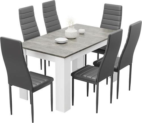Grey Marble Dining Table Set 6 PU Leather Chairs Modern Kitchen 140cm