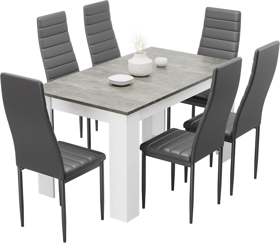 Grey Marble Dining Table Set 6 PU Leather Chairs Modern Kitchen 140cm