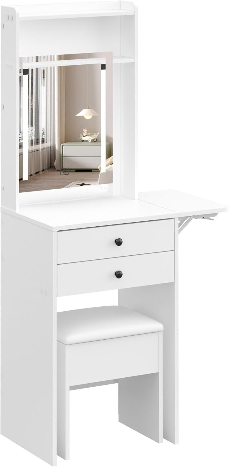 LED Vanity Dressing Table Mirror Desk Stool Set Compact Small Space Storage Whit
