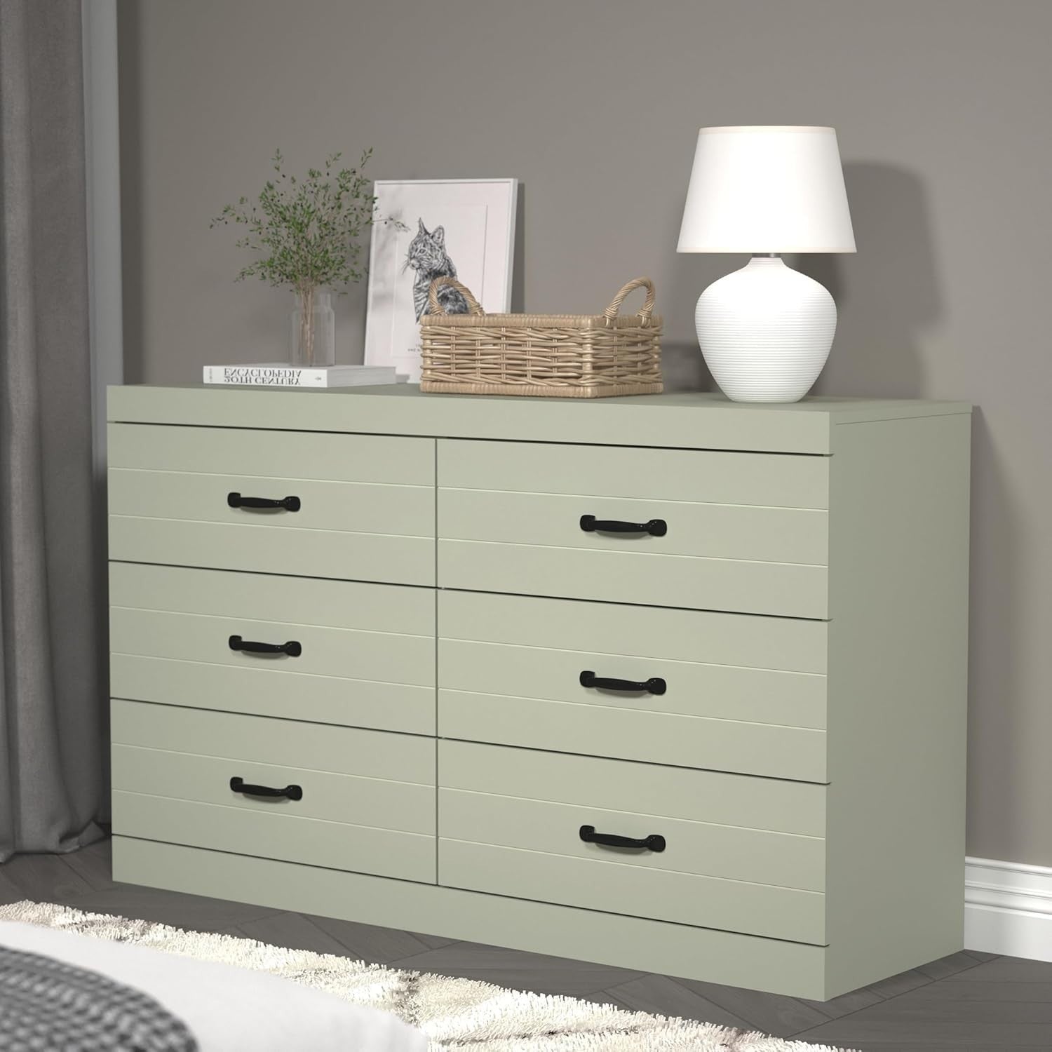 Sage Green 6 Drawer Chest, Wide Storage Unit for Bedroom or Hallway