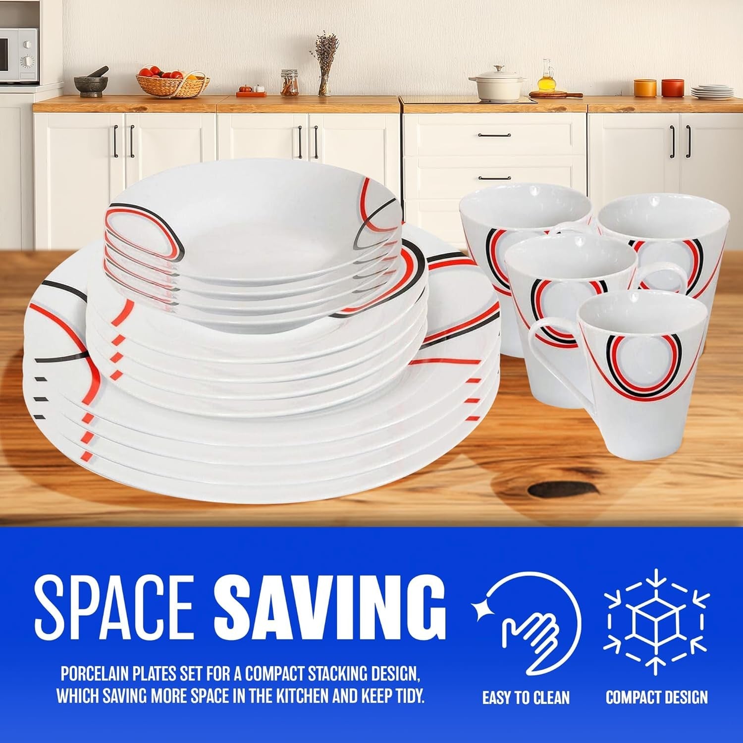 16pc Porcelain Dinner Set Plates Bowls Mugs Microwave Dishwasher Safe