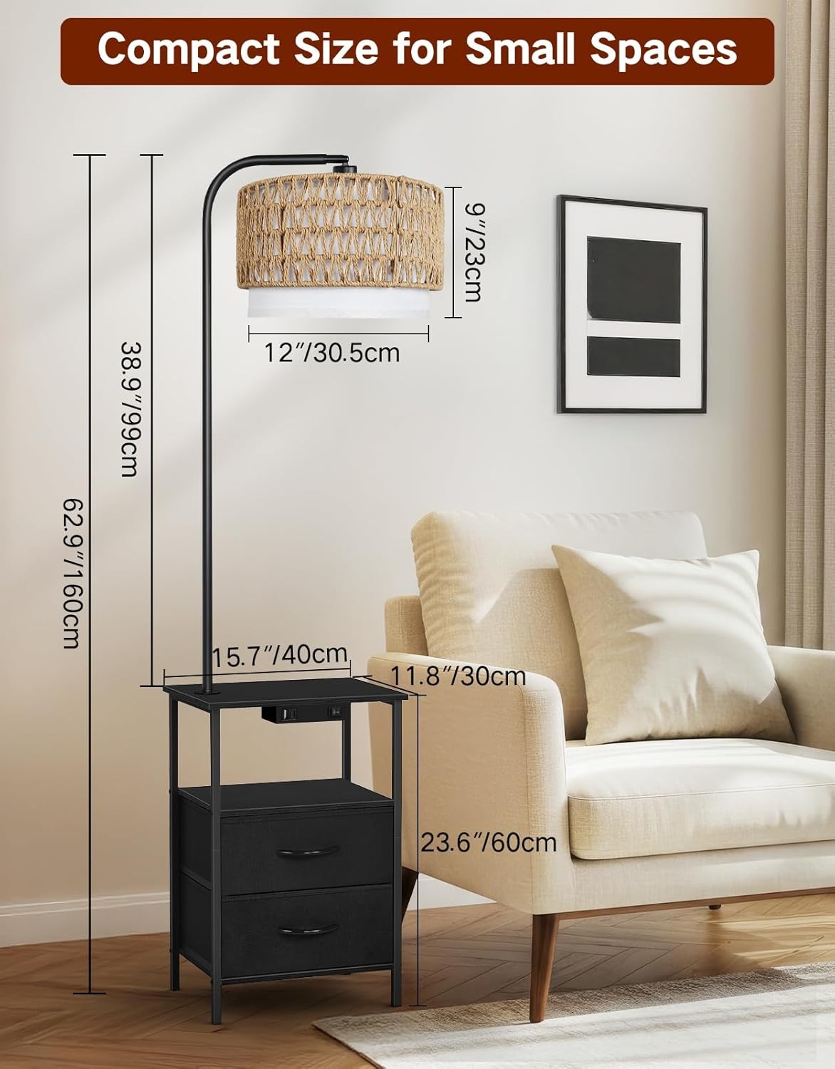 Floor Lamp with Table Drawers Rattan Shade Dimmable LED Charging Station
