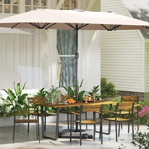 7 Piece Garden Dining Set Wooden Patio Table & 6 Chairs Parasol Hole