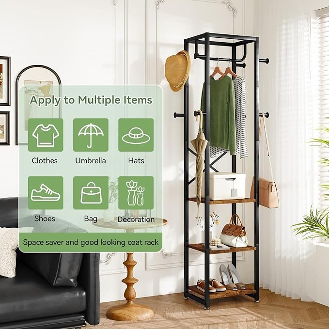 Freestanding Coat Rack with Shelves & Hooks | Industrial Entryway Organizer