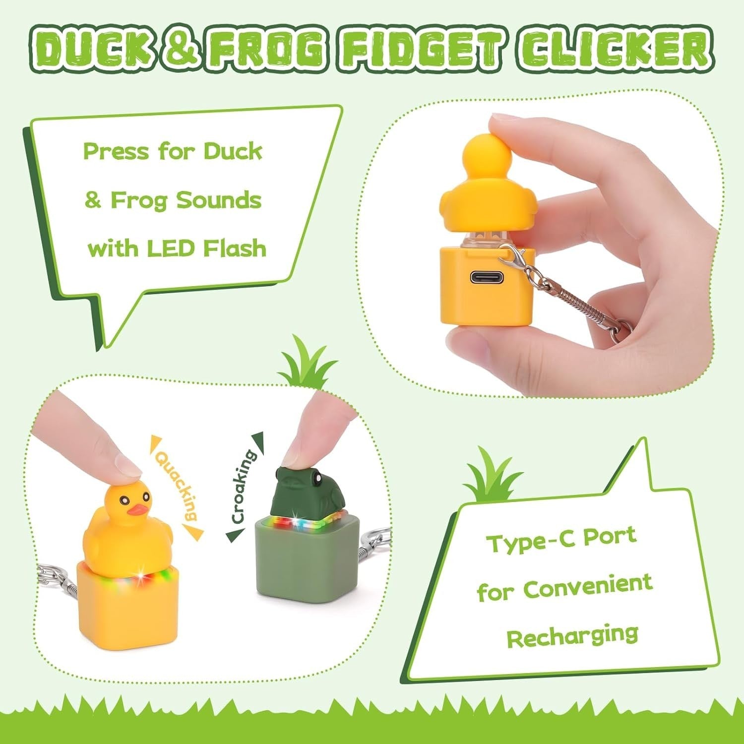 Duck Frog Fidget Keychain Clicker LED Sound Stress Relief 2 Pack