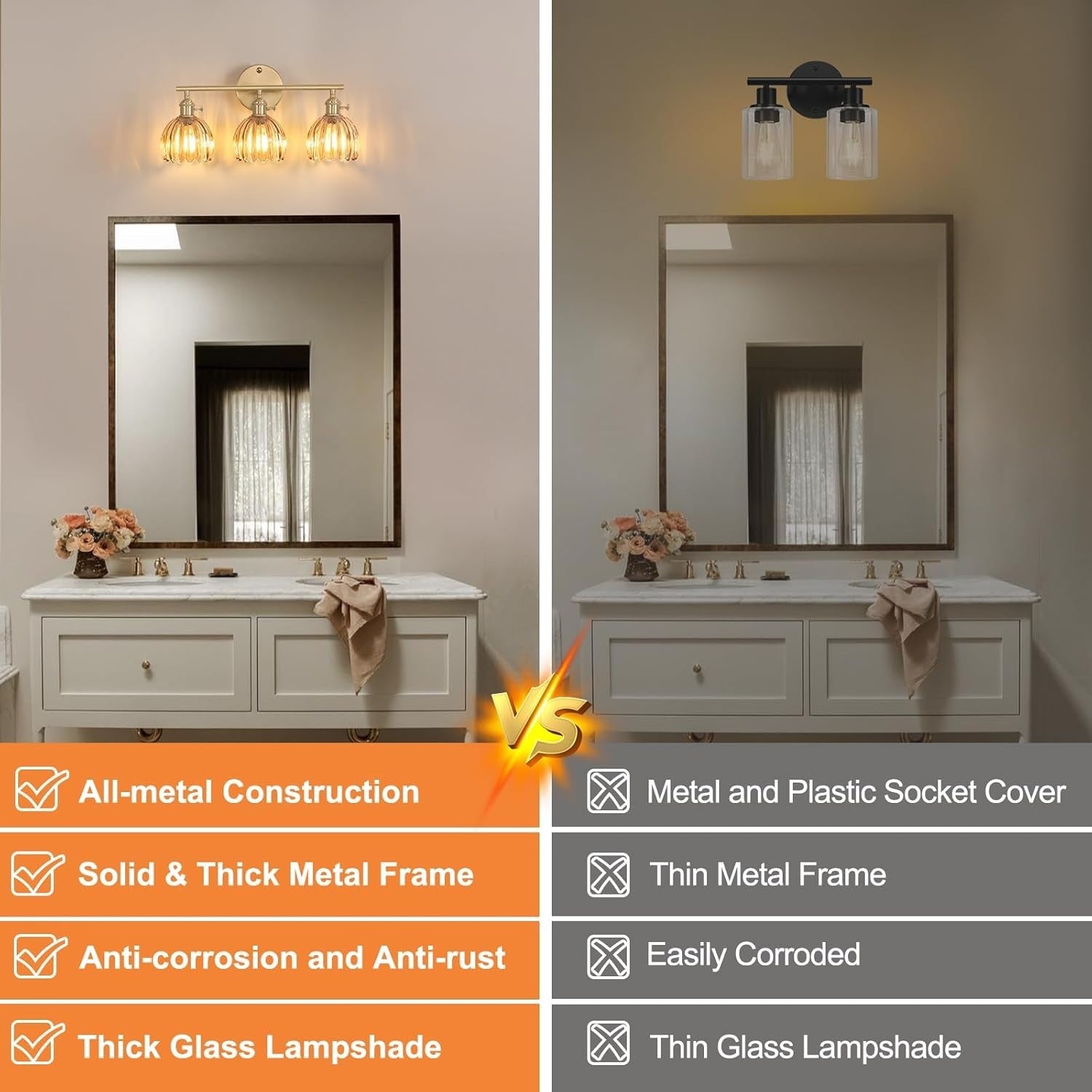 3-Light Amber Glass Wall Sconce Vanity Light Brass Fixture for Bathroom