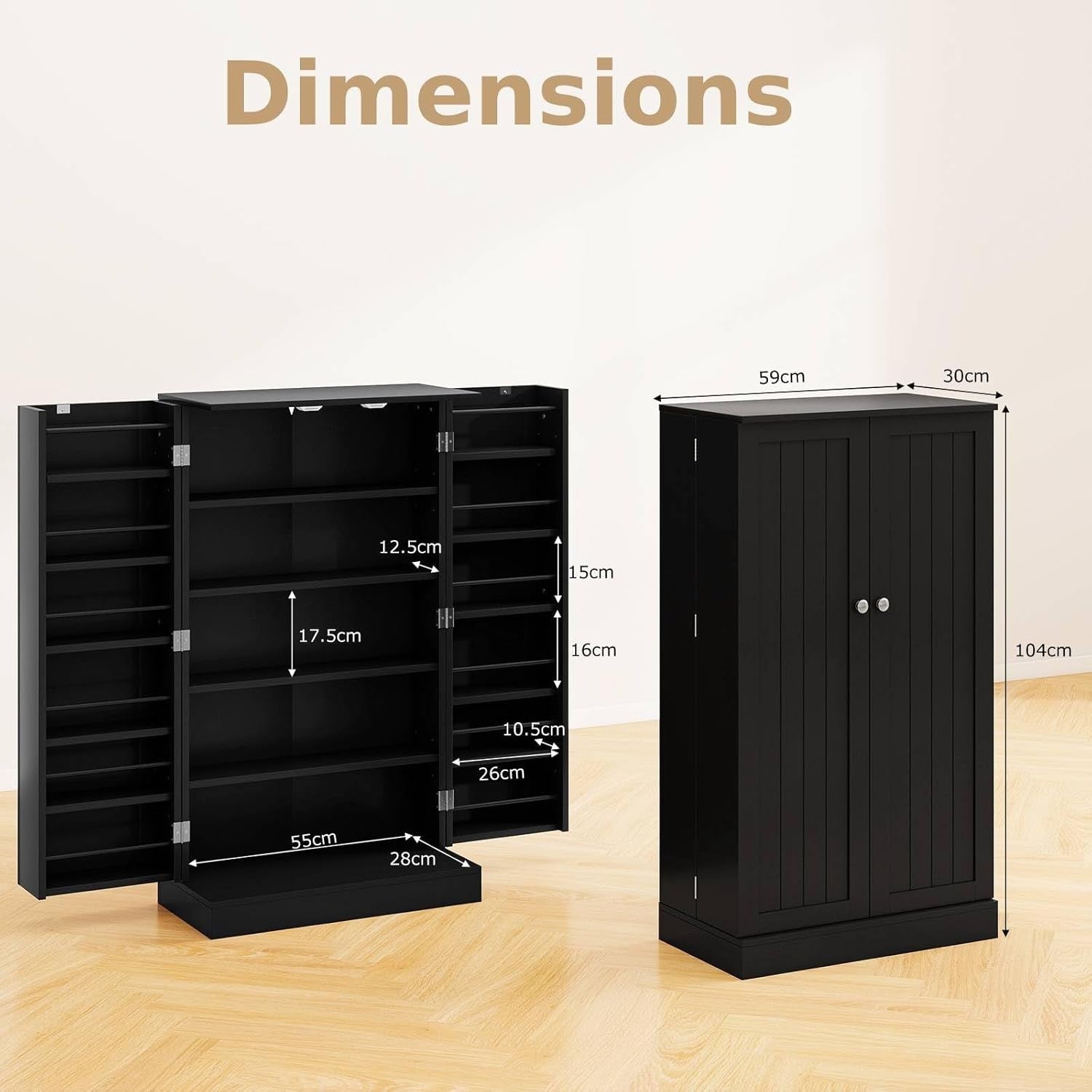 Black 59x30x104cm Kitchen Cupboard Pantry Cabinet Adjustable Shelves
