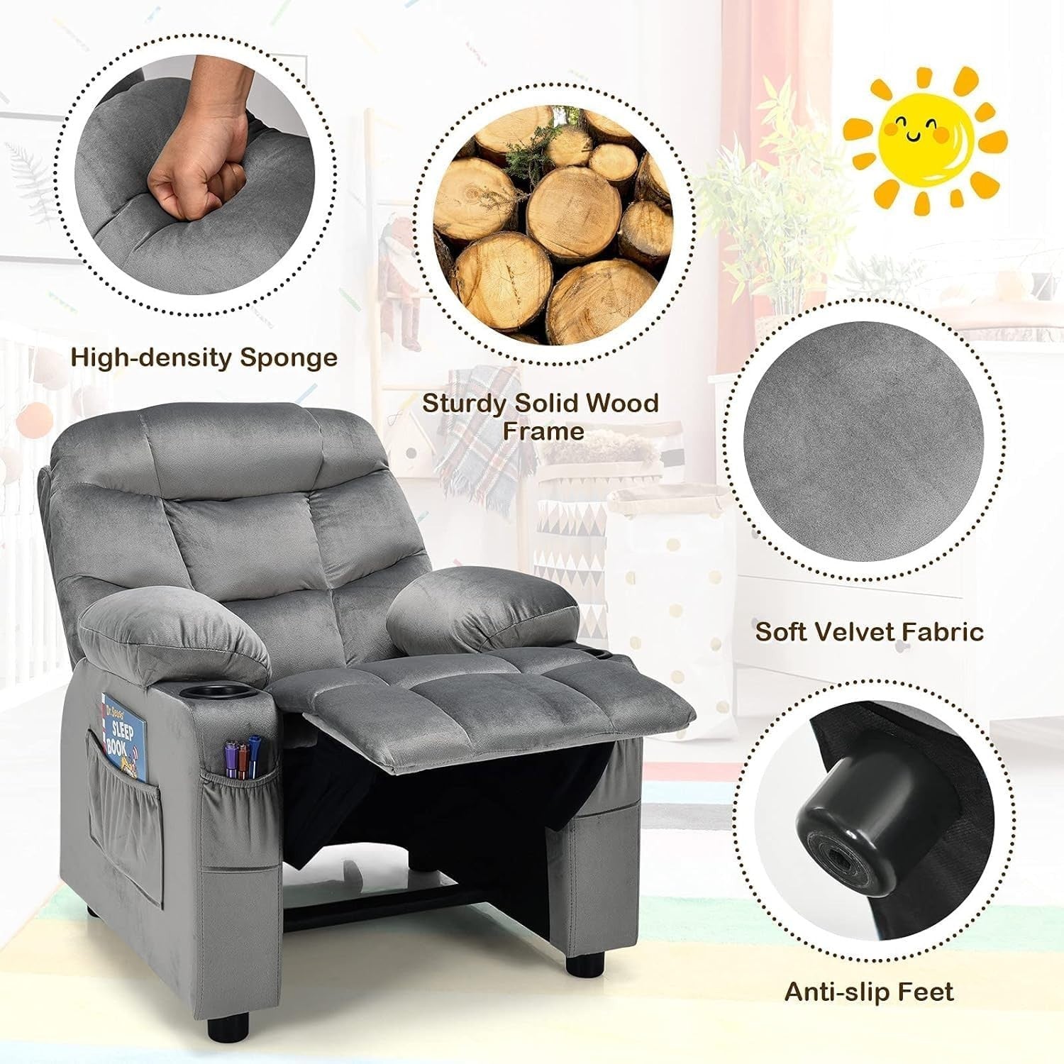 Adjustable Kids Recliner Chair with Footrest, Cup Holders & Side Pockets