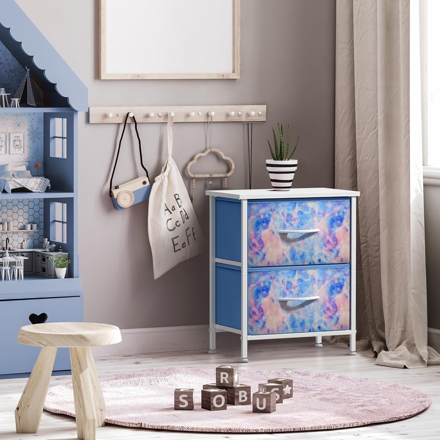 2x Kids 2-Drawer Nightstand Fabric Storage Chest Bedside Table Blue Tie-Dye