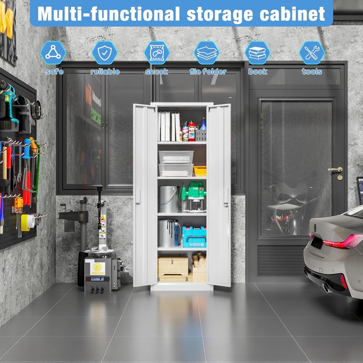 White Metal Storage Cabinet 2 Door Lockable Steel Cupboard Shelves Office 180cm