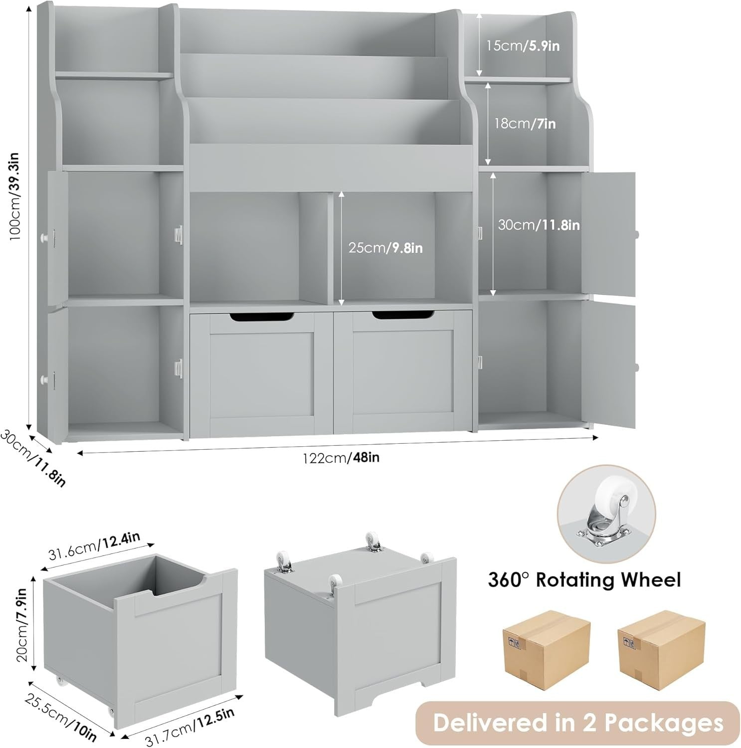 3-Tier Kids Toy Storage Unit with Drawers & Doors, Bookshelf 122x30x100cm