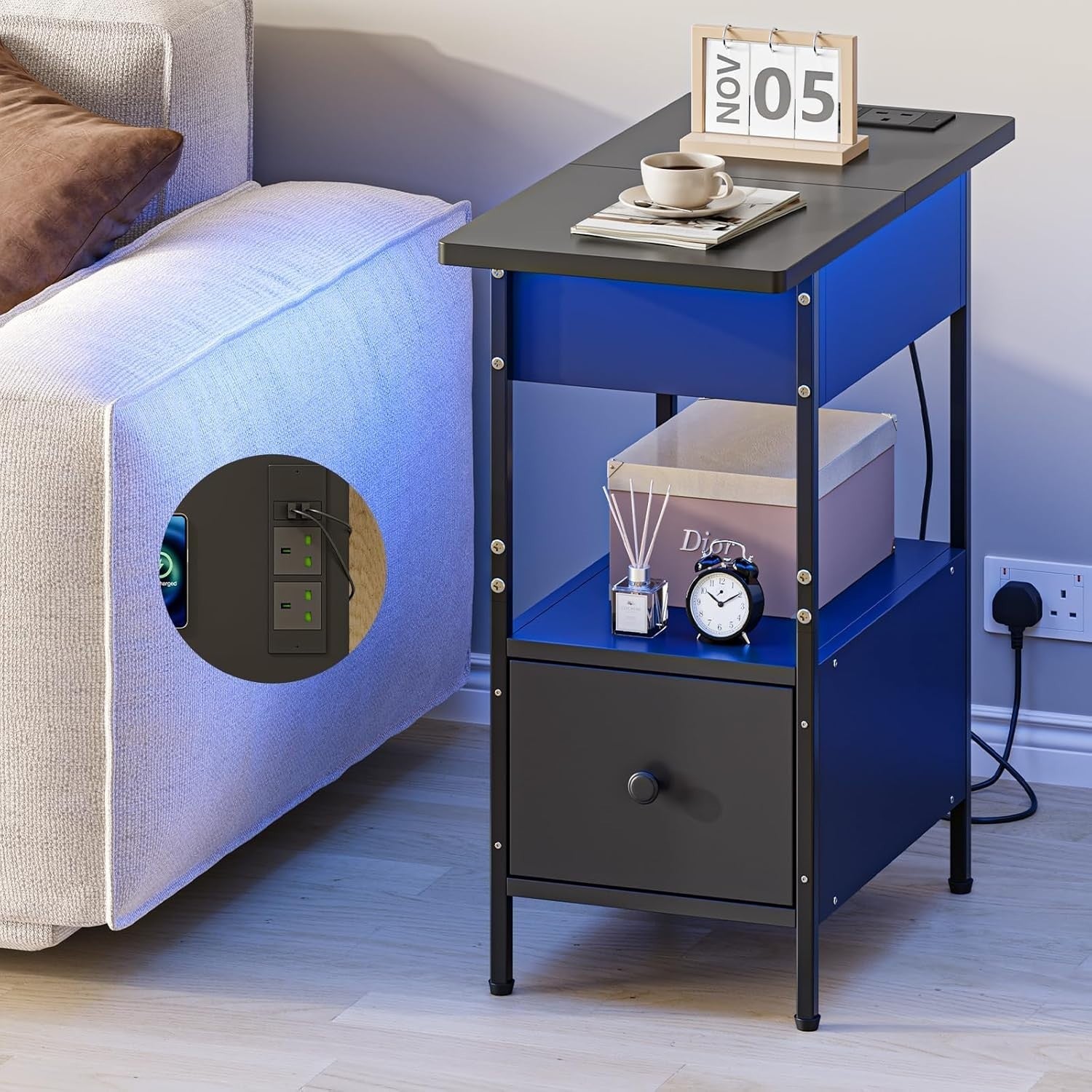 Slim Black Smart Bedside Table with LED Light, USB Charging & Drawer