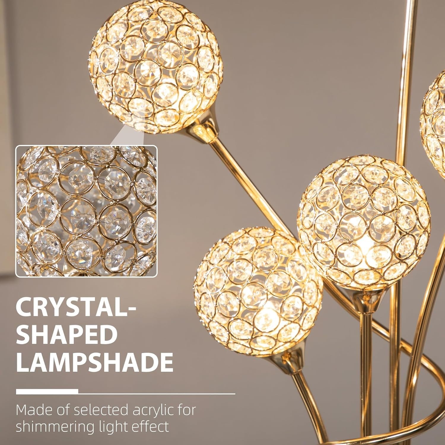 Crystal 5-Light Modern Floor Lamp G9 Elegant Tall Gold Stand for Living Room