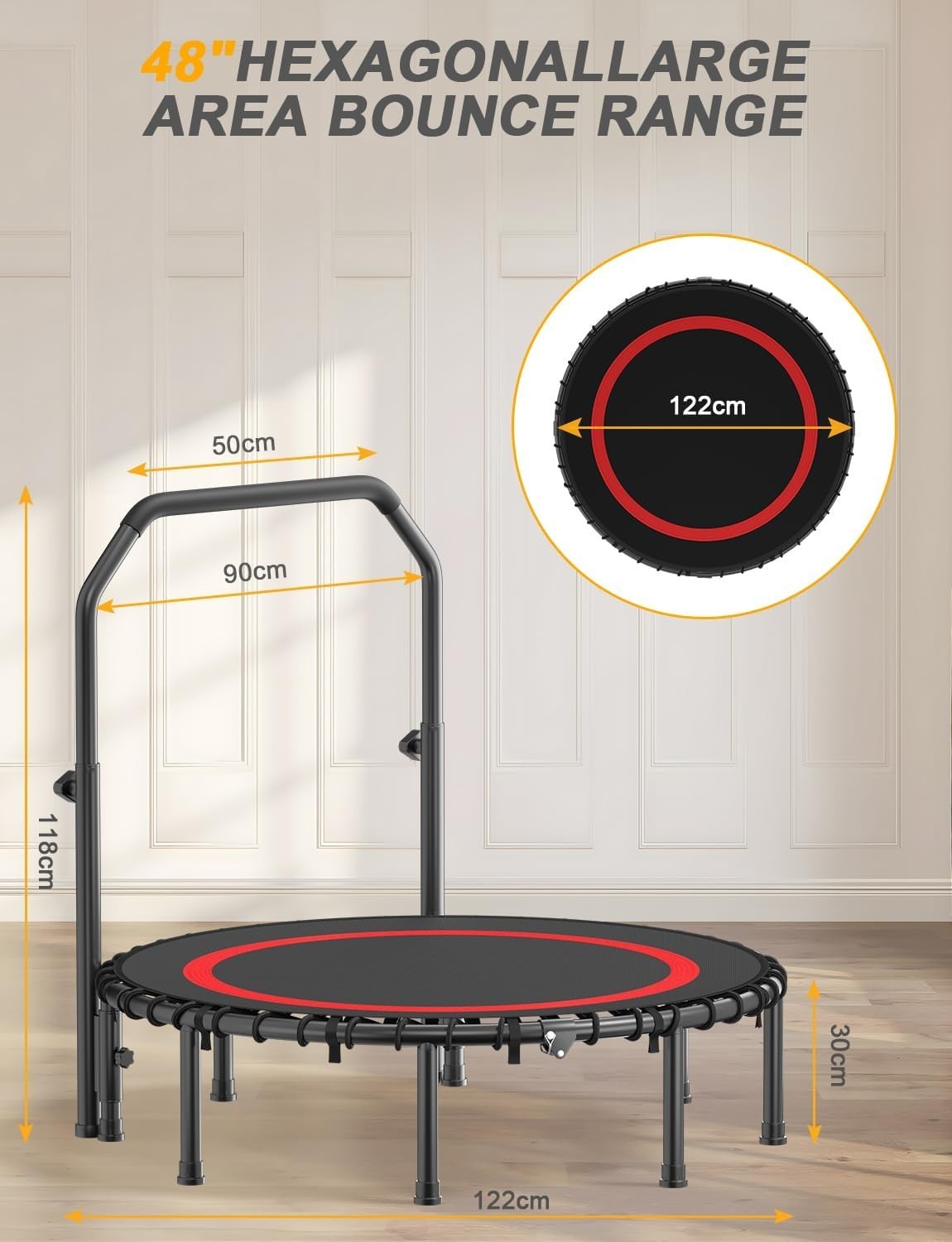 48” Foldable Fitness Trampoline Indoor Rebounder w Adjustable Handle 200KG