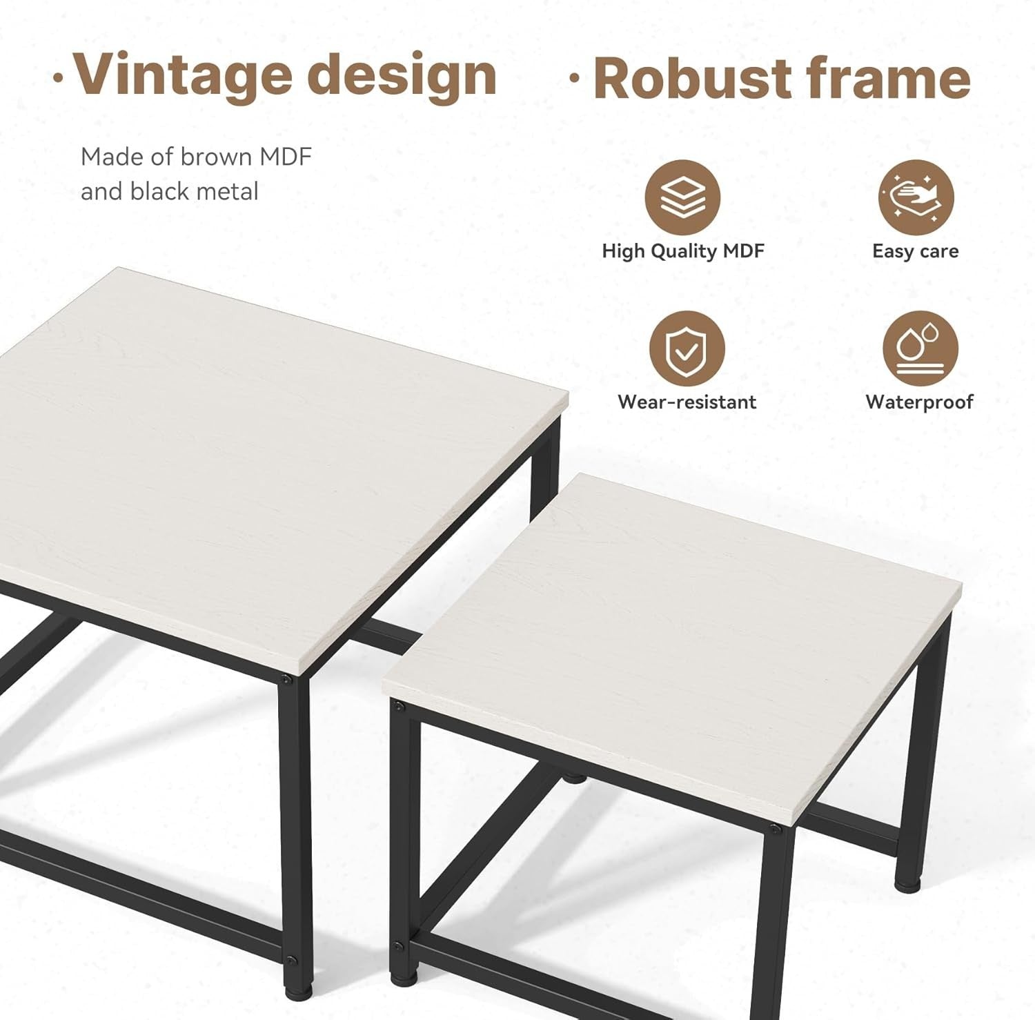 Square Nesting Coffee Table Set of 2, White Side Tables, Storage Shelf