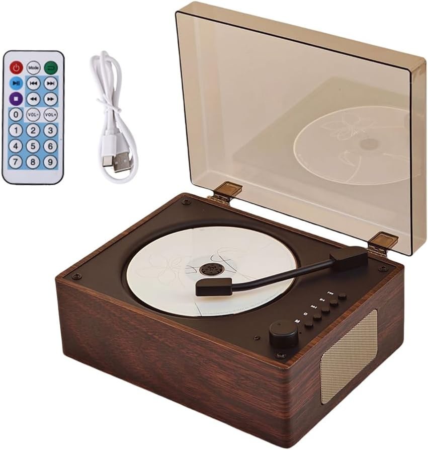 Retro Bluetooth CD Player Rechargeable Speakers USB AUX Remote Walnut