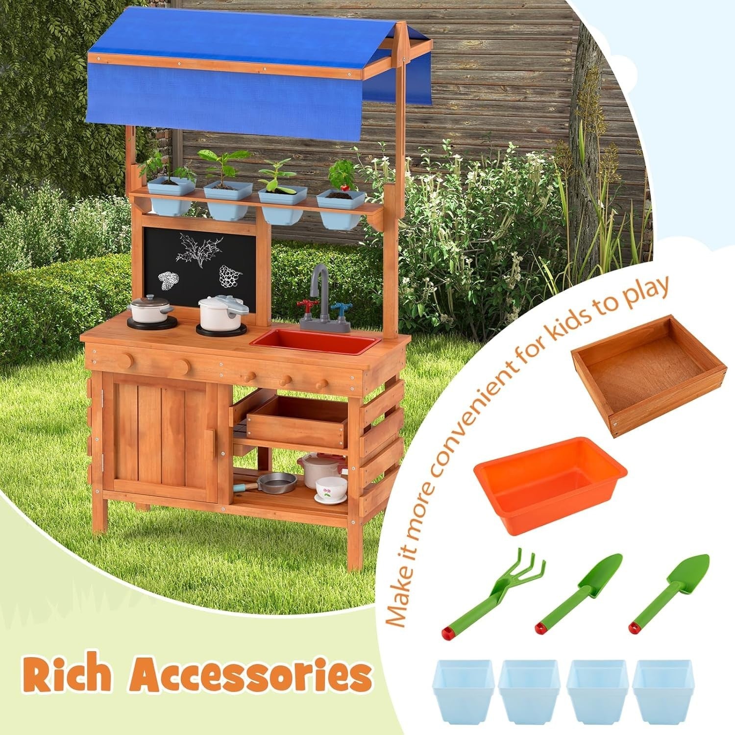 Kids Mud Kitchen Outdoor Wooden Potting Bench Sink Canopy Toy Set
