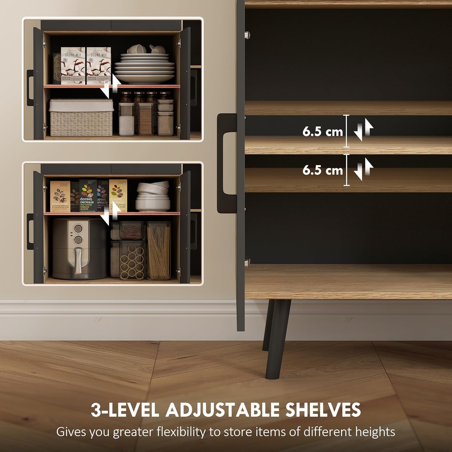 Tall Kitchen Cupboard with LED Lights 6 Door 2 Drawer Storage Cabinet Oak