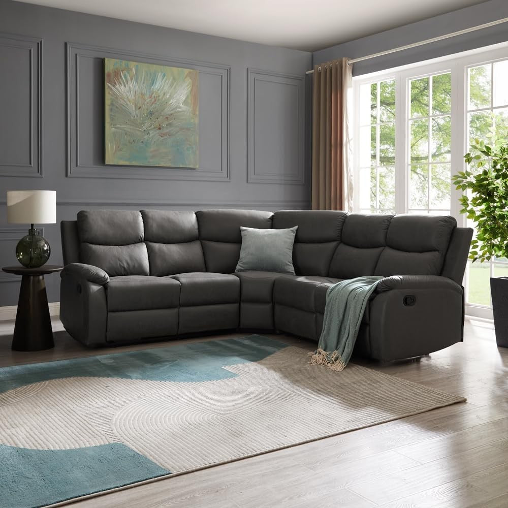 Grey 5 Seater L-Shape Recliner Sofa – Manual Recline, Full Chaise, Lumbar Suppor