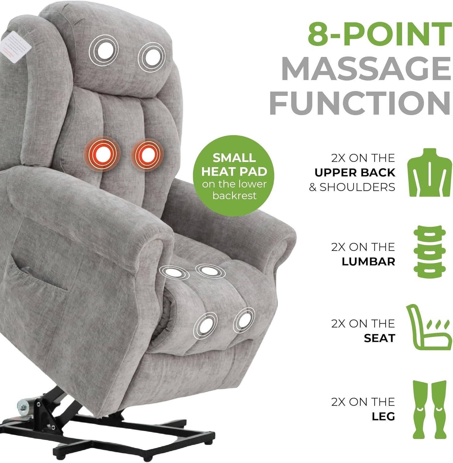 Dual Motor Lift Recliner Chair Heat Massage Fabric Riser Mobility Support Grey
