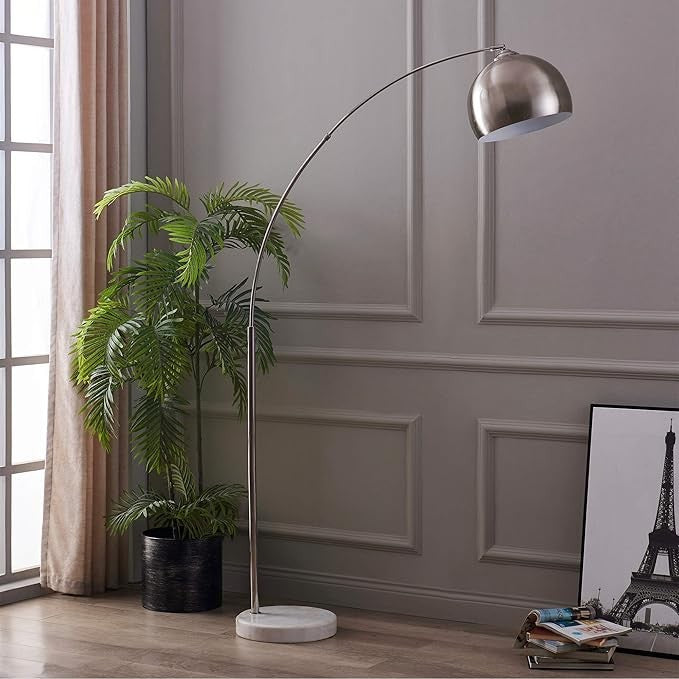 Arc Floor Lamp Silver Nickel Bell Shade Marble Base Modern Standing Light