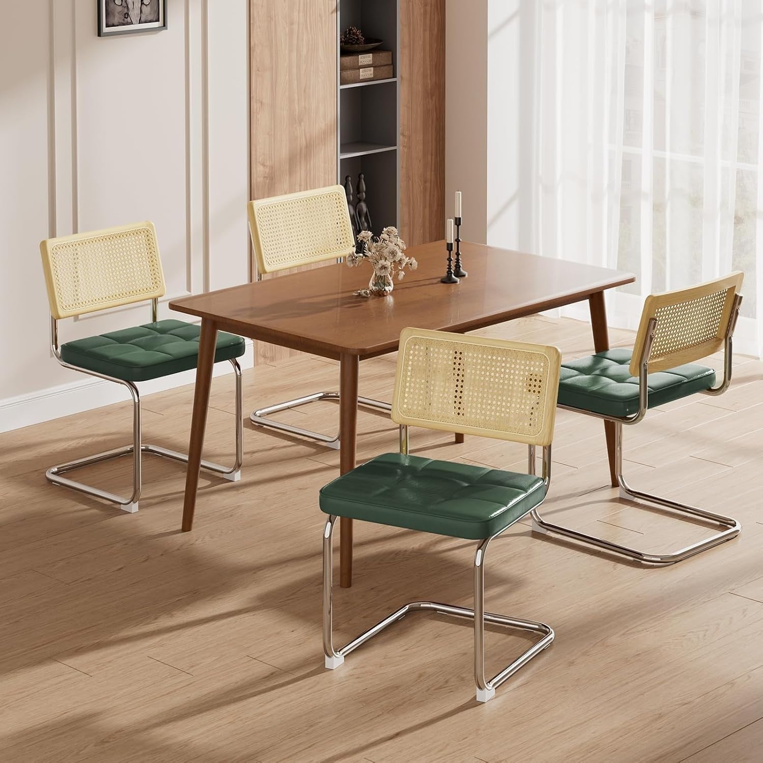 Green Dining Chairs Set of 4 Upholstered Rattan Back Modern Kitchen Chairs