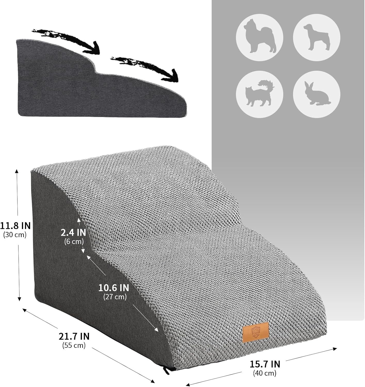 Grey 2 Step Extended Dog Stairs 30D Foam 55x40x30cm