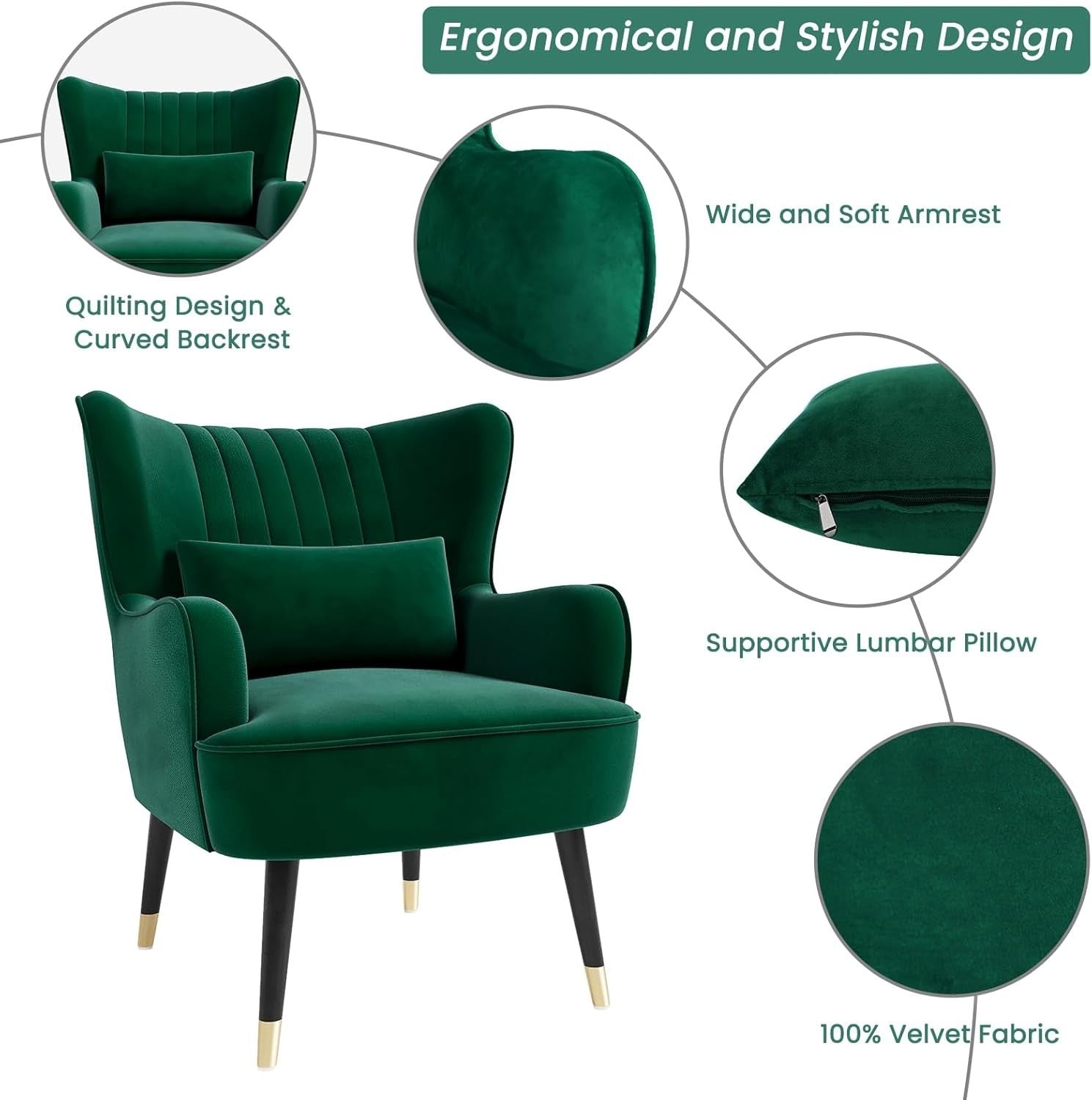 Velvet Armchair Lounge Chair with Lumbar Pillow – Modern Green Accent