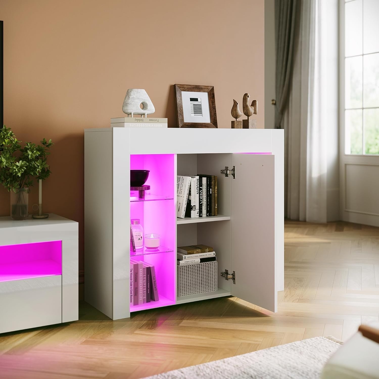 High Gloss LED Sideboard Display Cabinet with Glass Shelves White 83cm