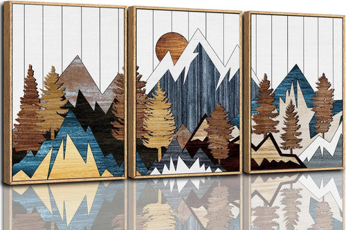 Mountain Woodcut Framed Canvas Wall Art Set 3 Rustic Forest Home Decor