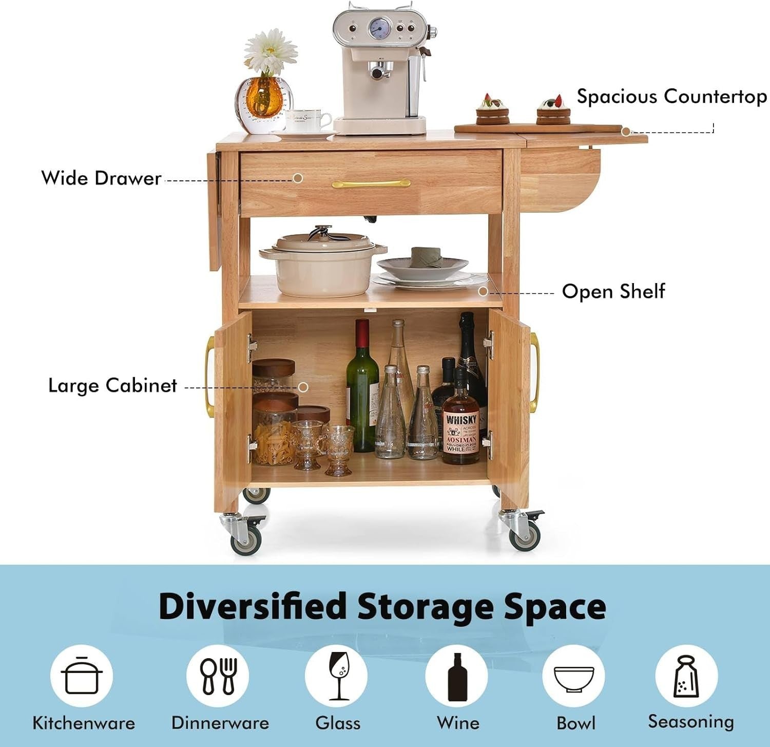 Kitchen Island Trolley with Drop Leaf, Storage Drawer & Locking Wheels