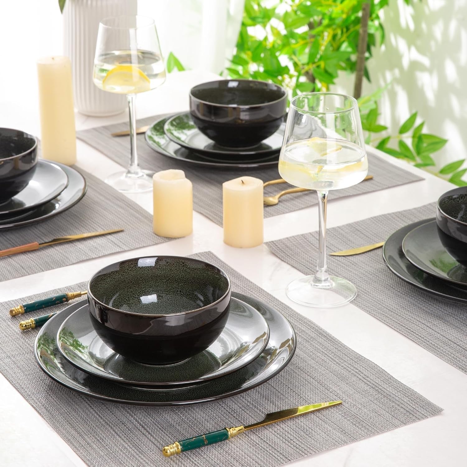 12 Piece Stoneware Dinner Set for 4 Jade Green Reactive Glaze Plates Bowls