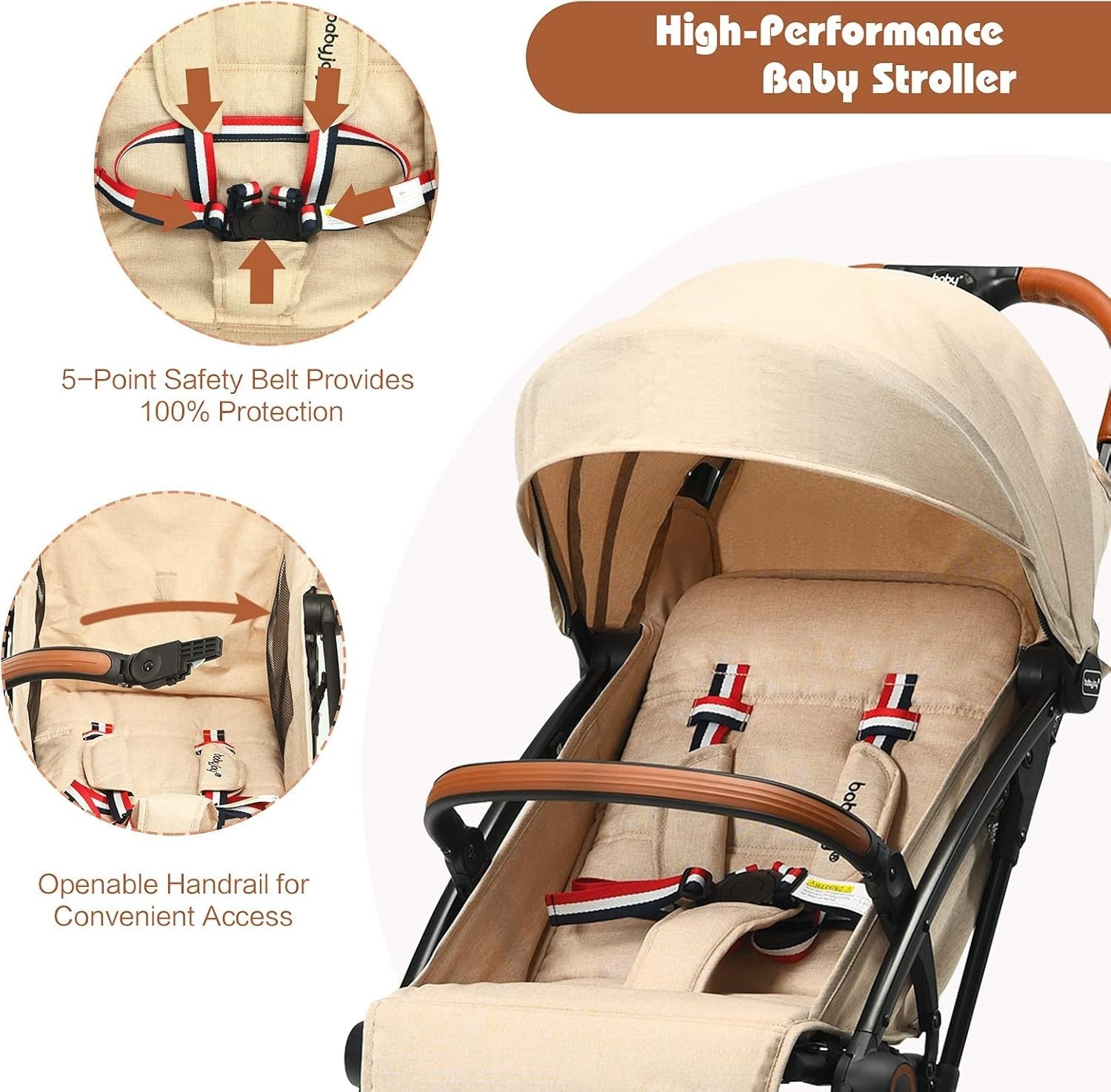 Beige Lightweight Baby Pushchair One Hand Fold Travel Buggy