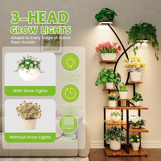 71" Tall 10-Tier Metal Plant Stand with Grow Lights, Indoor Corner Shelf