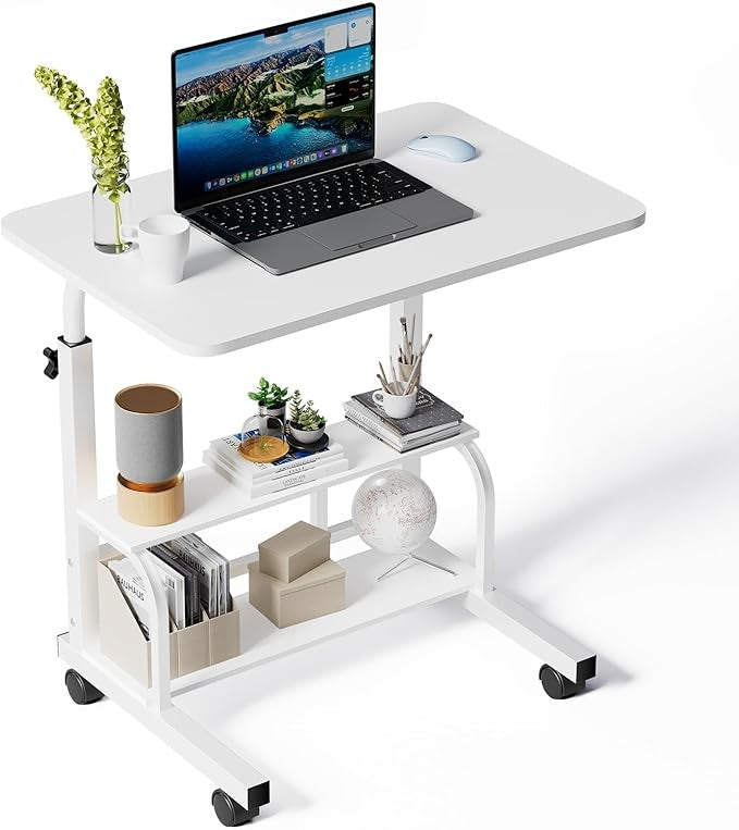Mobile Laptop Desk on Wheels Height Adjustable Storage Shelves 60x40cm White