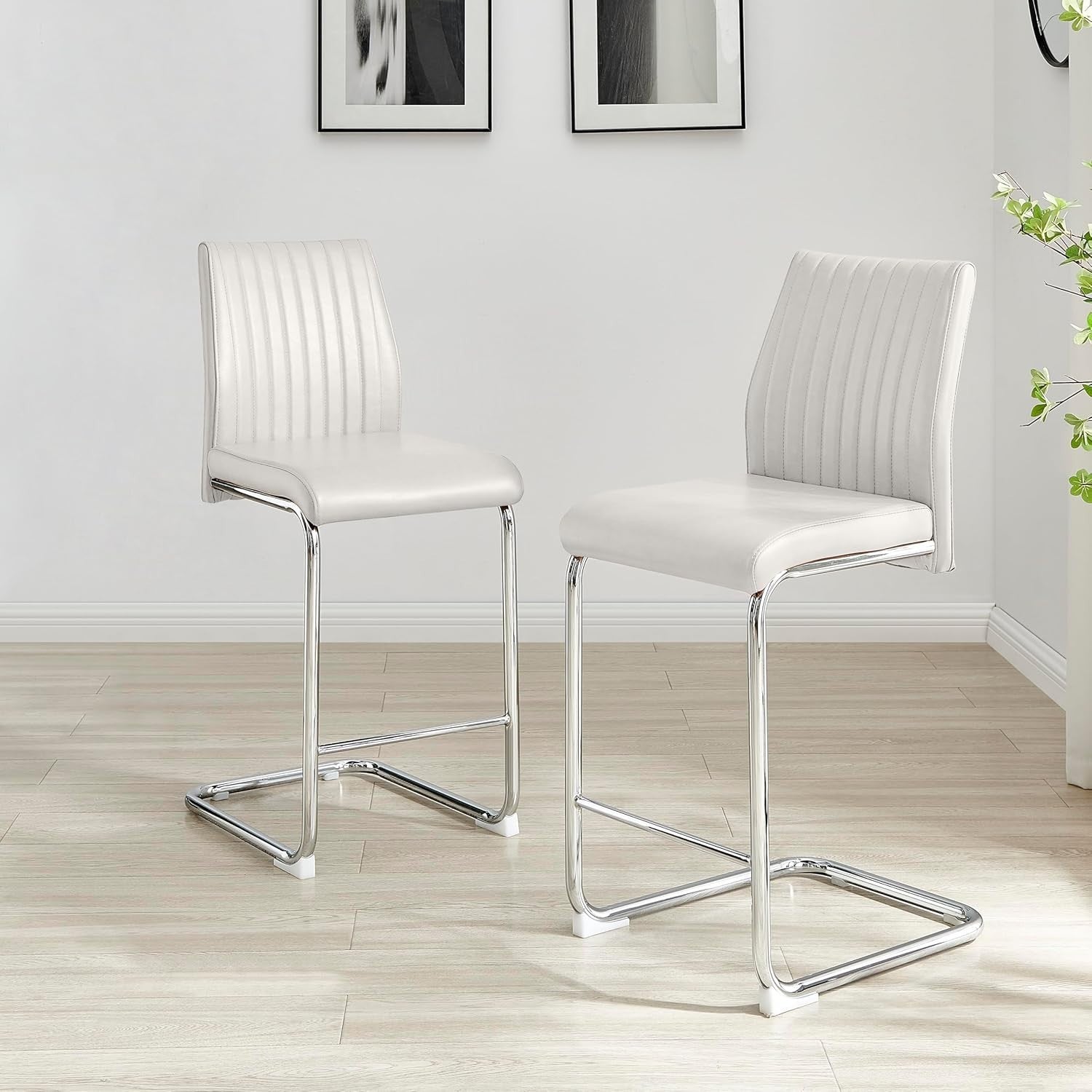 Modern White Bar Stools Set of 2 – Faux Leather Cantilever Chairs