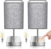 Touch Control Bedside Table Lamps Set of 2 Grey Fabric Shade Dimmable