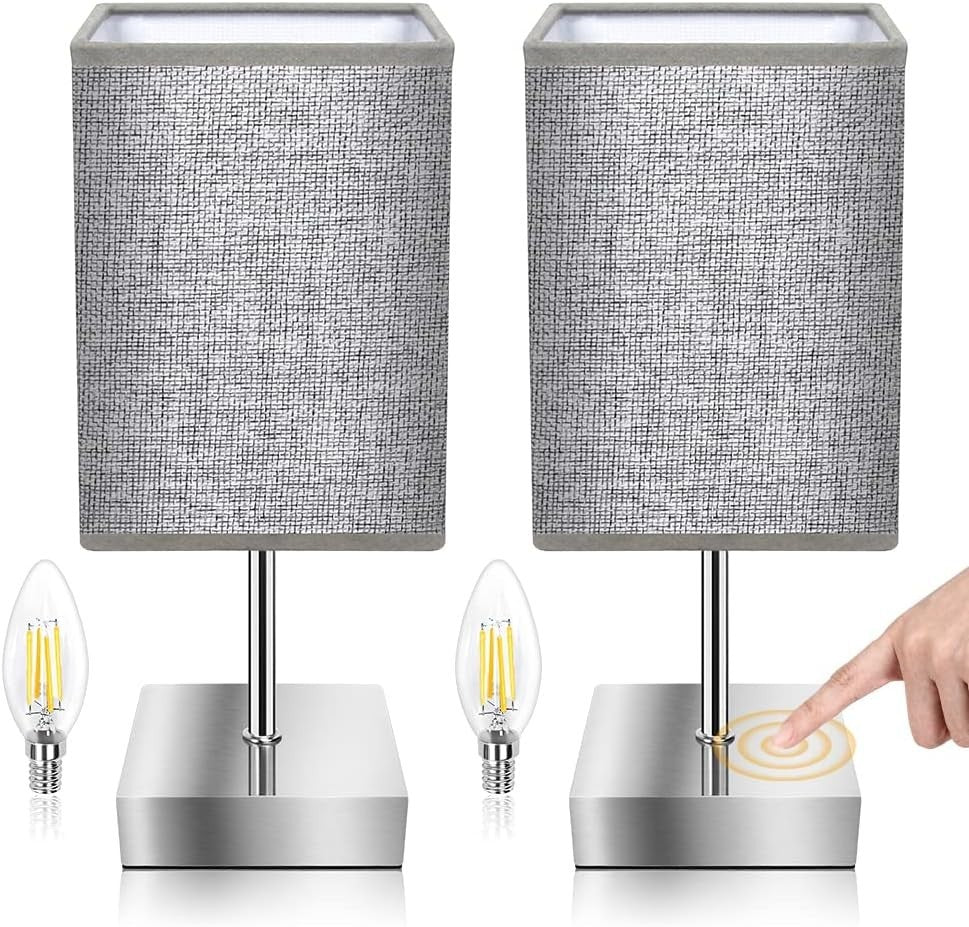 Touch Control Bedside Table Lamps Set of 2 Grey Fabric Shade Dimmable