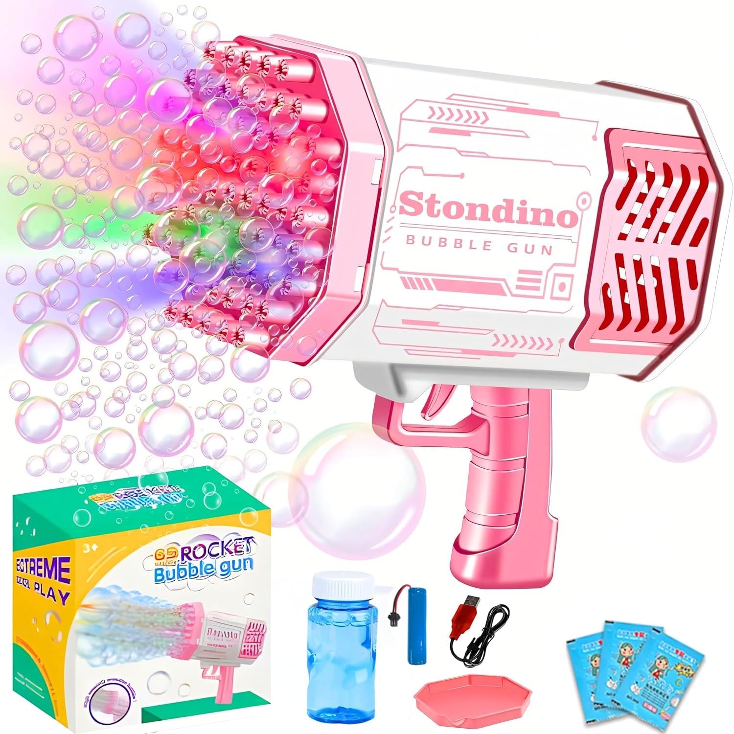 69 Hole Bubble Gun Machine with Lights Automatic Bubble Maker Pink