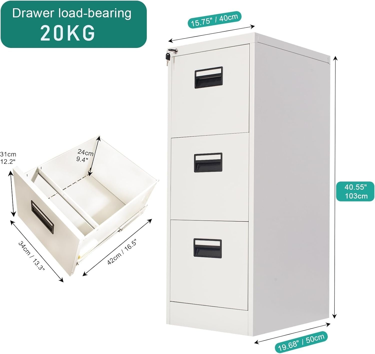 Light Grey 3 Drawer Lockable File Cabinet 50x40x103cm Steel