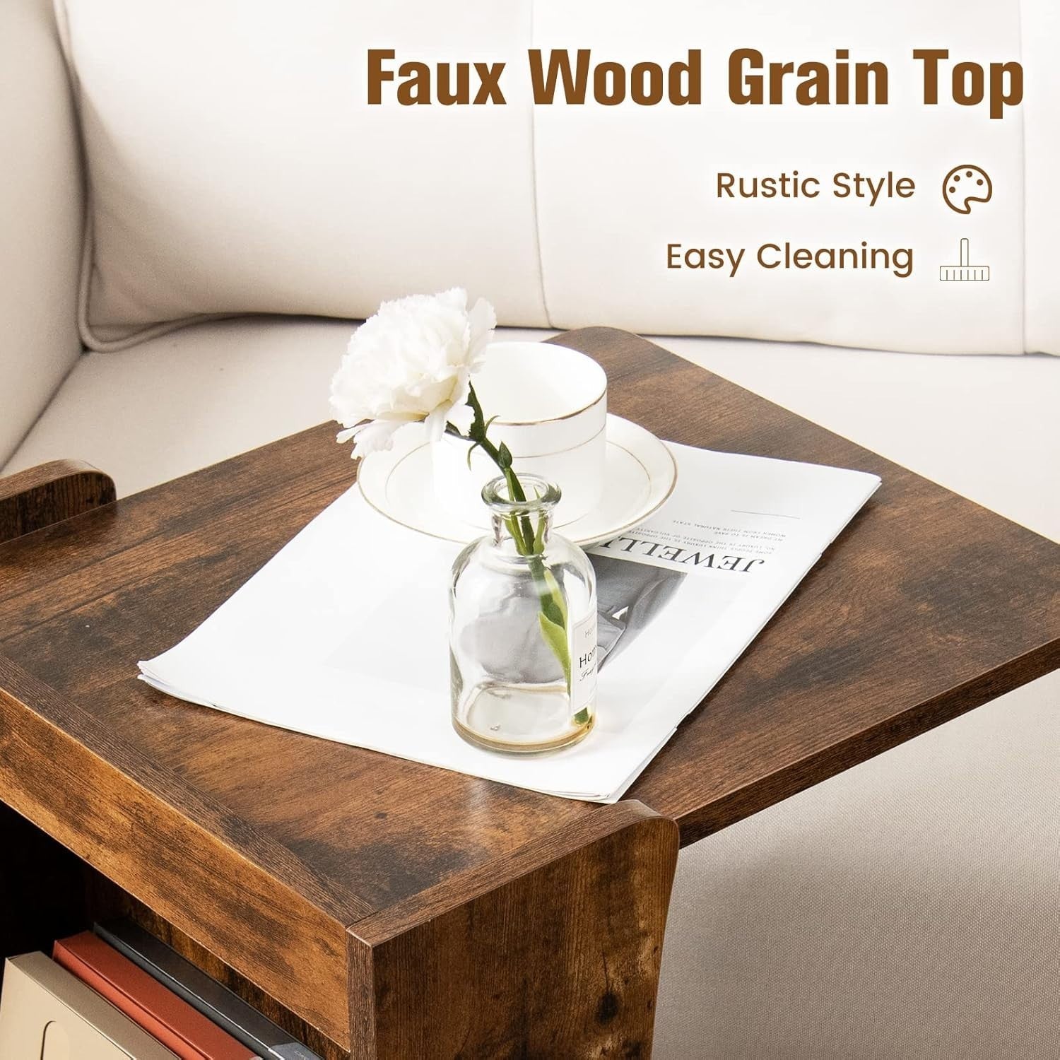 C-Shaped Sofa Side Table with Wheels & Storage – Overbed Snack Coffee Stand