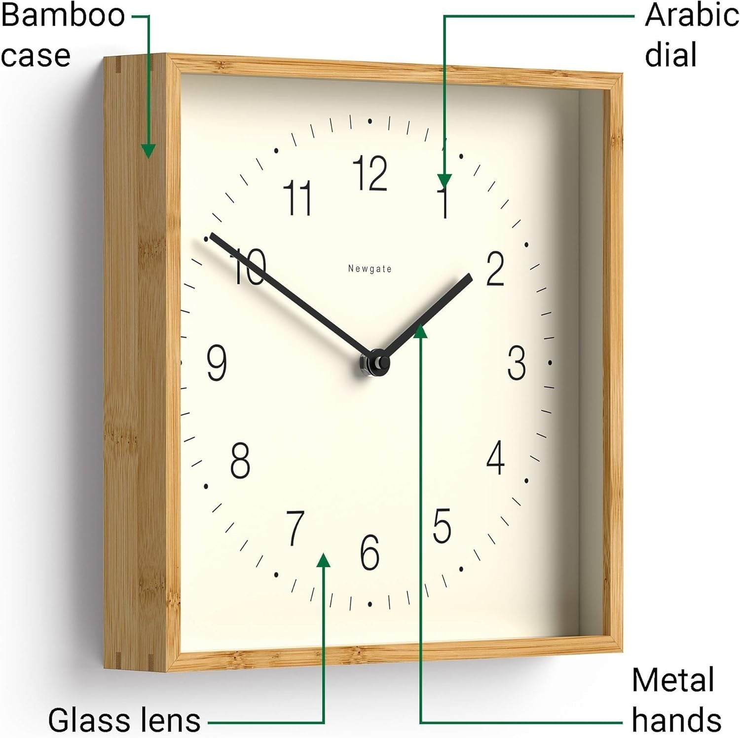 30cm Square Bamboo Wall Clock | Modern Scandi Minimalist Quiet Sweep
