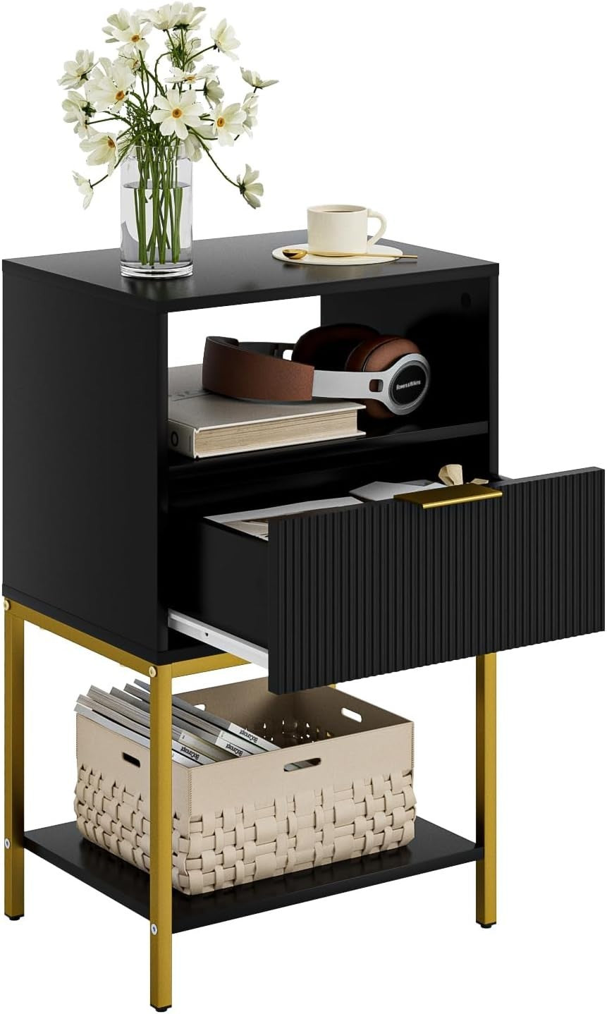 Modern Black Bedside Table with Gold Legs – 3-Tier Fluted Storage Nightstand