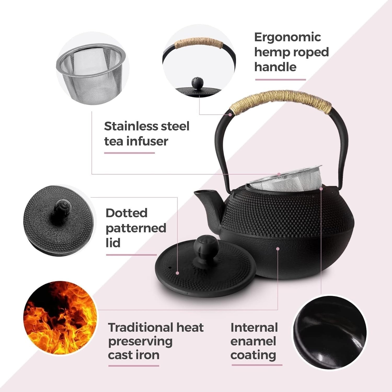 Cast Iron Teapot 1200ml Chinese Tetsubin Tea Pot w/ Infuser Black