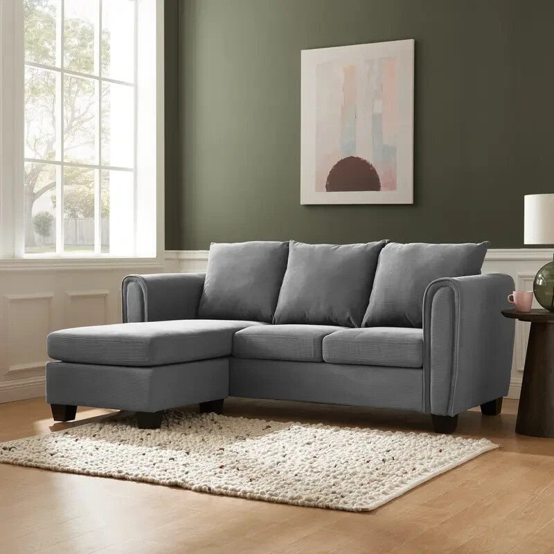 Grey Cord 3 Seater Sofa with Chaise Lounge | Reversible Corner Couch