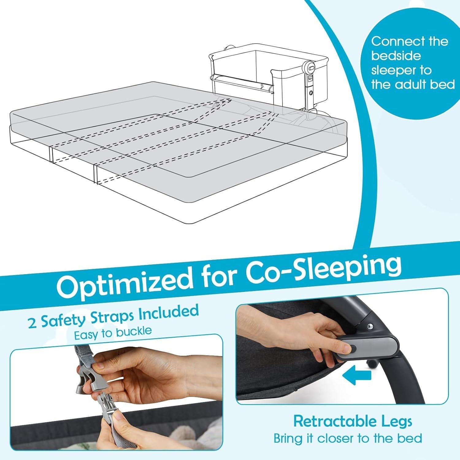 Baby Bedside Crib Adjustable Bassinet with Mattress Newborn Bedside Sleeper Grey